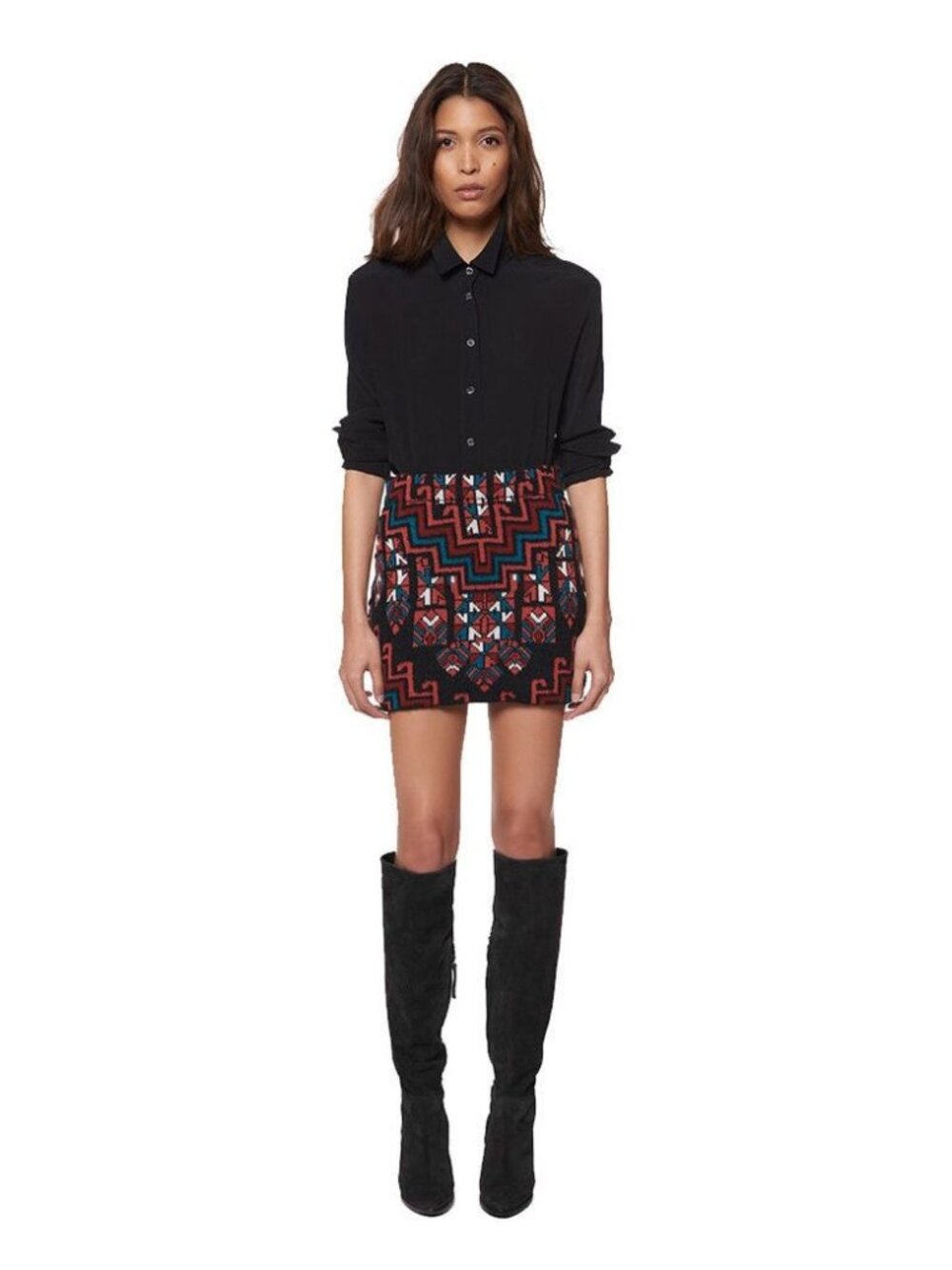 Mara Hoffman women's small knit mini skirt burgundy black aztec print wool blend